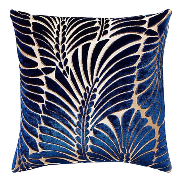 The House of Scalamandré Plumes Silk Velvet Pillow, Sapphire For Sale