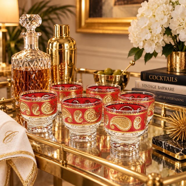 Mid-Century Modern Superb Culver Red Paisley 22k Gold Glassware Set of 6 Mid Century 1960s For Sale - Image 3 of 10