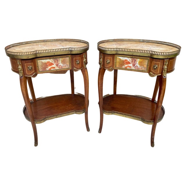 Mid 20th Century Carved Wood Kidney Shaped Bedside Tables with Bronze and Marble Top, Set of 2 For Sale - Image 15 of 18