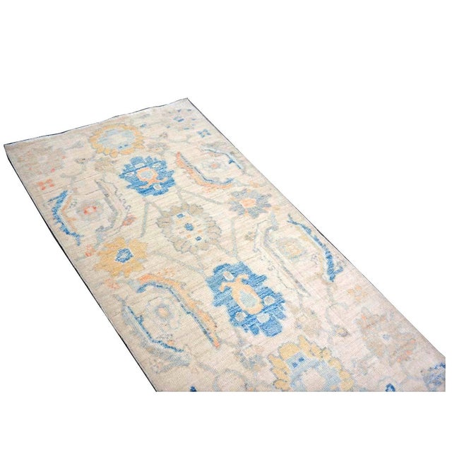Textile 21st Century Turkish Oushak Wool 3x6 Ivory, Yellow & Blue Handmade Runner Rug #1144167 For Sale - Image 7 of 12