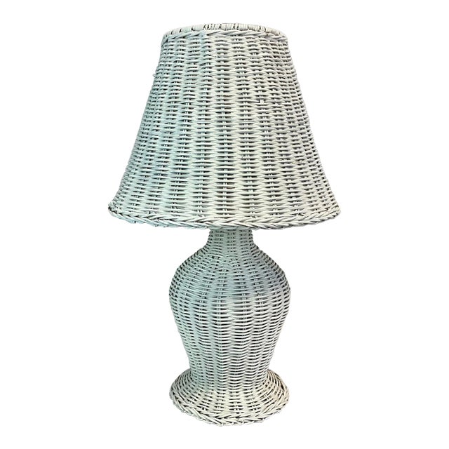 Mid-Century Coastal Boho Chic White Wicker Table Lamp and Shade. For Sale