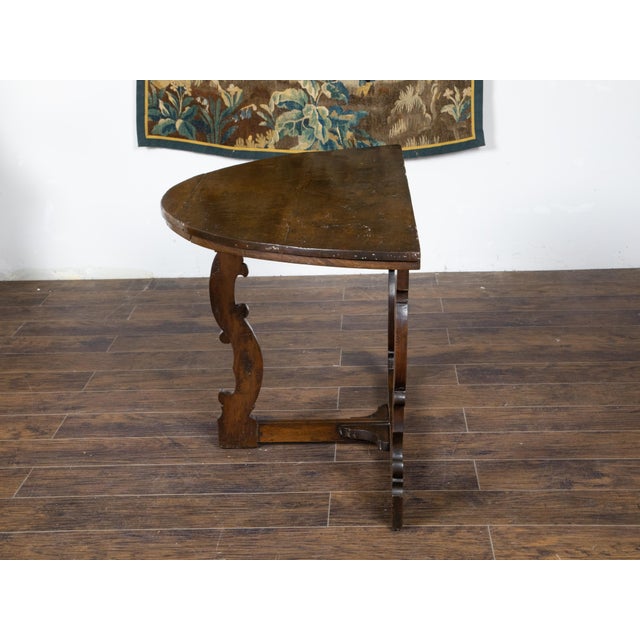 Large Italian Baroque Style 18th Century Walnut Demilune Table with Carved Legs For Sale - Image 11 of 12