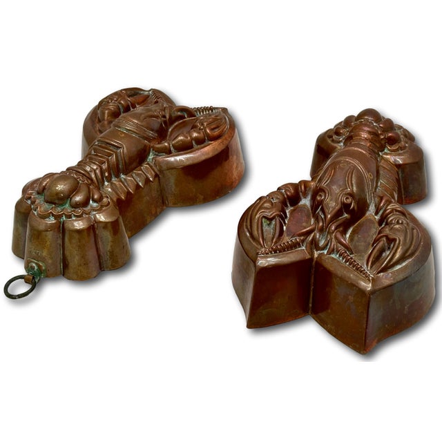 Rare Original Matching Pair of Early 1900s Antique Germany Hand Wrought Solid Copper Lobster Kitchen Molds For Sale - Image 11 of 18