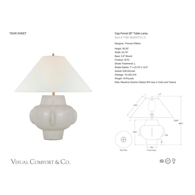 Thomas O'Brien by Visual Comfort Signature Cap-Ferrat 26" Table Lamp in White Crackle with Linen Flared Shade Designer:...