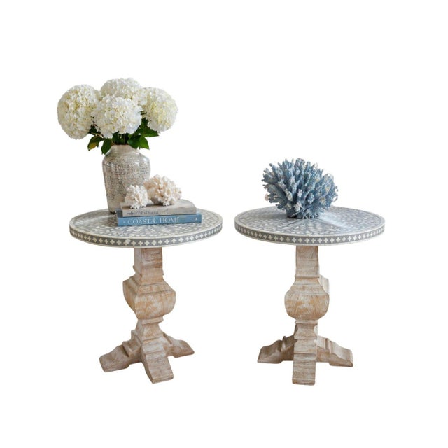 White Inlaid Round Side Tables – A Pair For Sale - Image 8 of 11
