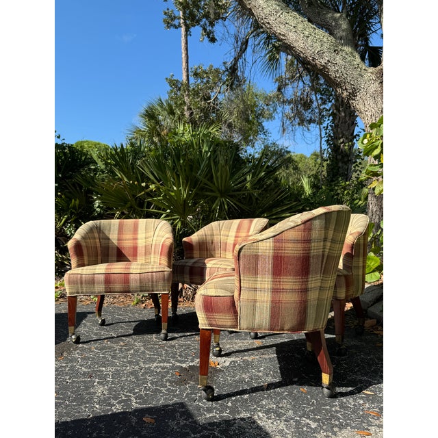 Burgundy Set of 4 Vintage Plaid Upholstered Game Table Chairs | Campaign-Style Club Chairs For Sale - Image 8 of 8