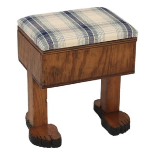 Vintage "Foot" Stool With Blue Plaid Top - Handmade Stool For Sale