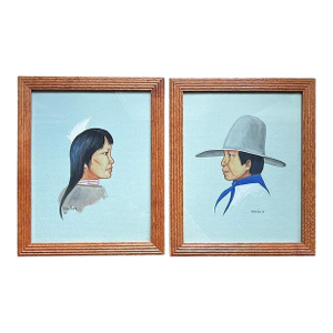 1990s Native American Framed Paintings of Man and Woman - Signed Jon Tiger - A Pair