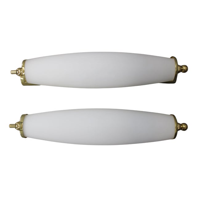 Art Deco Italian Brass Wall Lights with Milk Glass, 1940s, Set of 2 For Sale