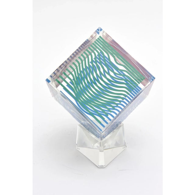 1970s Vintage Victor Vasarely Op Art Silkscreen Acrylic Sculpture on Lucite Base Red, Blue, Green, 1970's For Sale - Image 5 of 9