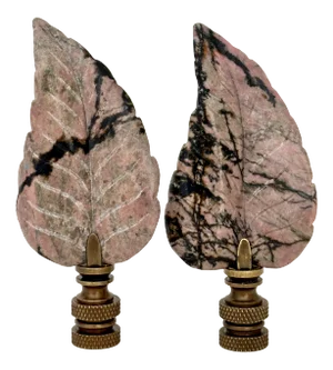 Carved Rhodonite Leaf Lamp Finials on Bronze Hardware - a Pair