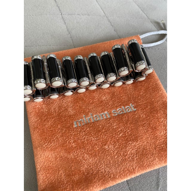 Miriam Salat Caterpillar Silver and Resin Noir Deco Bracelet With White Topaz For Sale - Image 4 of 12