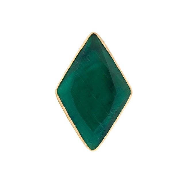 Brass Stylish Green Cat Eye Stone Gold Chunky Ring, Size 4 For Sale - Image 8 of 9