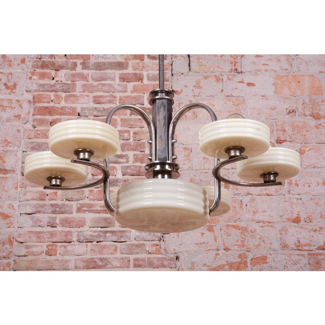 Bauhaus Bauhaus Chandelier in Nickel-Plated Steel and Opaline Glass, Czech, 1920s For Sale - Image 3 of 14