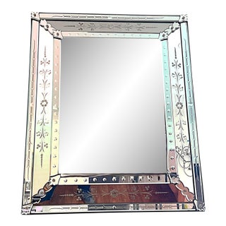 1980s Venetian Etched Glass Wall Mirror – Floral Beveled Rectangular Design For Sale