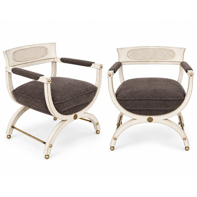 Hollywood Regency Era Neo-Classical Klismos Style Chairs Velvet Upholstery -Pair For Sale - Image 9 of 10