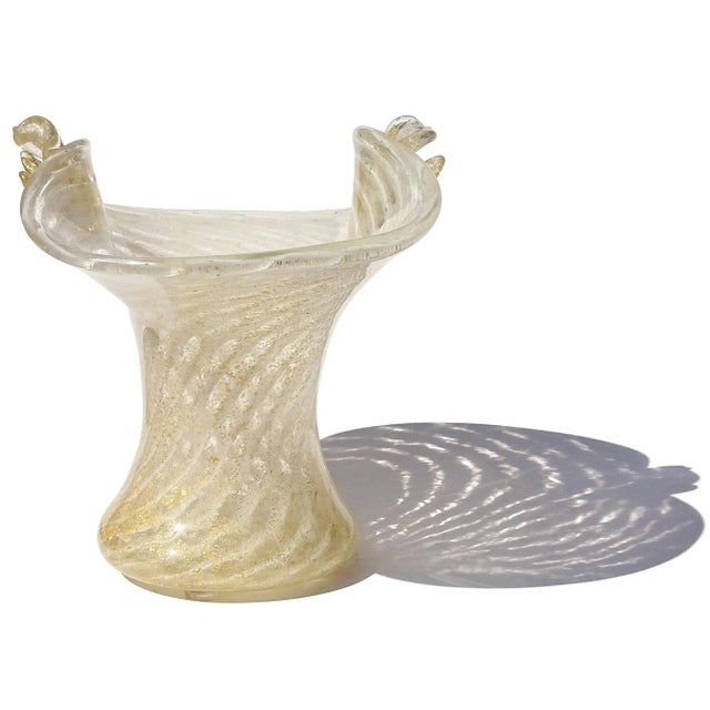 Mid-Century Modern Vintage Murano Gold Flecks White Swirl Italian Art Deco Style Glass Applied Flowers Fan Shape Vase For Sale - Image 3 of 10