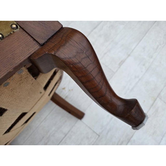 1960s, Danish side/children's armchair. Light green furniture velour, oak wood, brass springs in the seat. Original very...