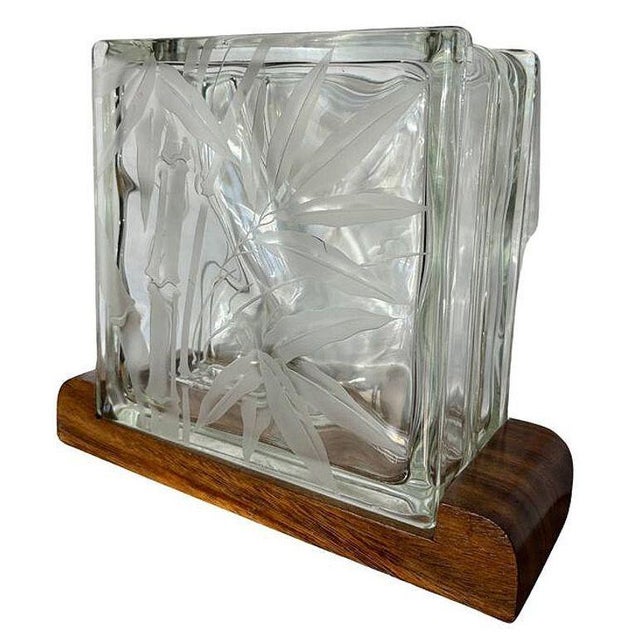 Wood Mid-Century Hawaiian Acid Etched Bamboo Glass Block Vase With Monkey Pod Wood Base For Sale - Image 7 of 11