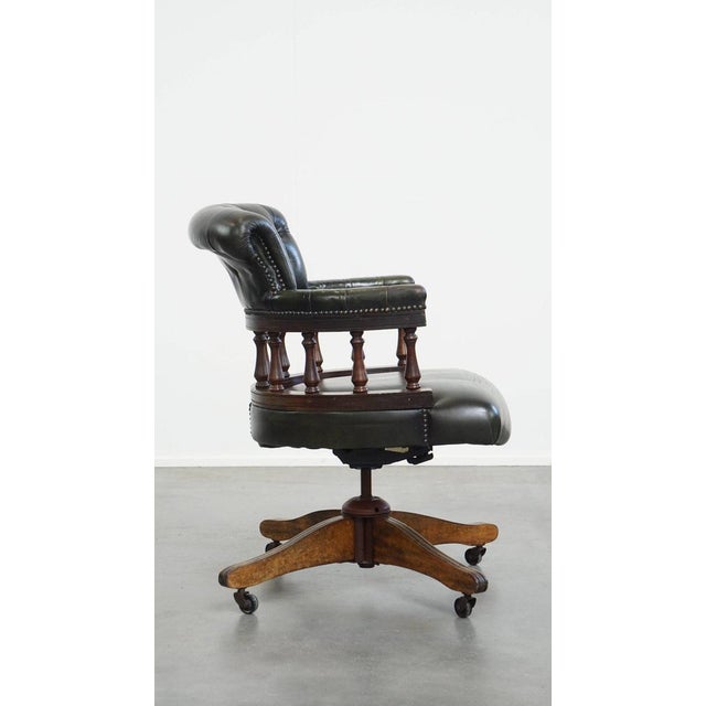 Dark Green Cowhide and Wooden Height Adjustable Swivel and Tilt Chesterfield Office Chair For Sale - Image 3 of 17