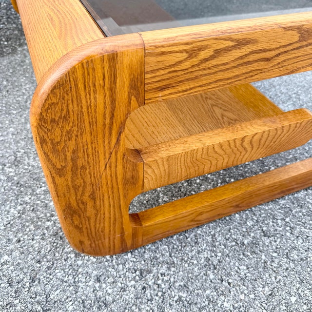 Mid Century Modern Lou Hodges Oak Smoked Glass Coffee Table For Sale - Image 9 of 9