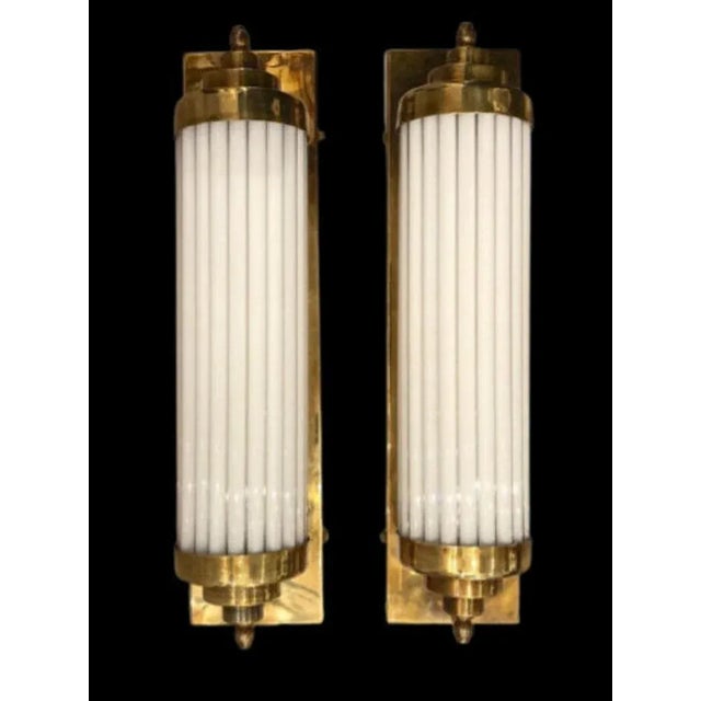 Art Deco Vintage Skyscraper Art Deco Brass & Milk Glass Rod Ship Light Fixture Wall Sconces - a Pair For Sale - Image 3 of 7