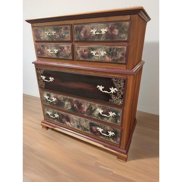 Exceptional vintage Kling Furniture highboy chest, crafted from solid cherry wood and featuring beautiful floral drawers...