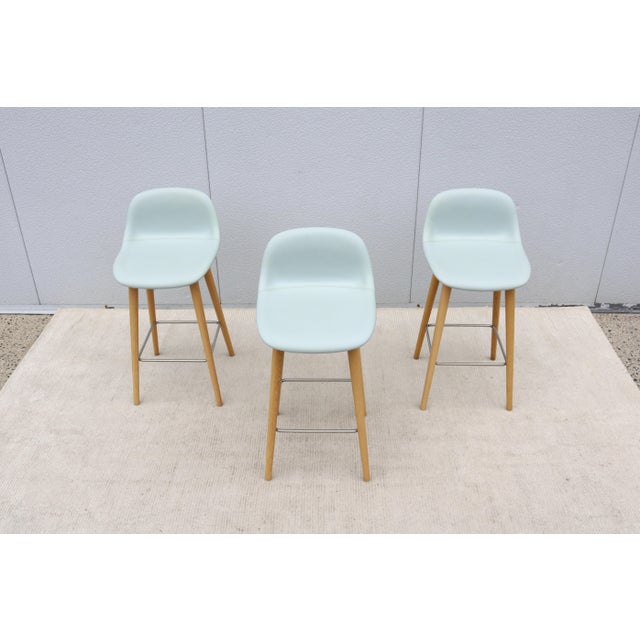 2020s Danish Iskos-Berlin for Muuto Leather Fiber Counter Stools Wood Base - Set of 3 For Sale - Image 5 of 18