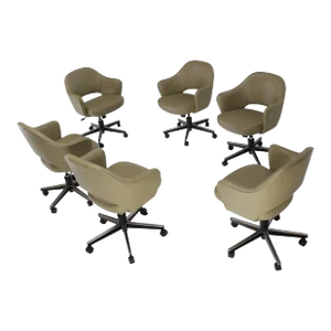 Vintage Mid Century Olive Leather Knoll Saarinen Executive Bucket Chairs- Set of 6