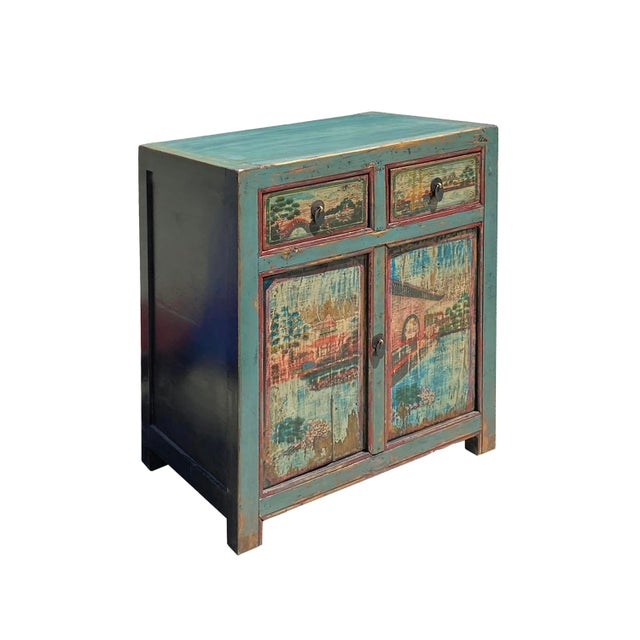 Chinese Distressed Turquoise Blue Old Graphic Credenza Cabinet For Sale - Image 4 of 8