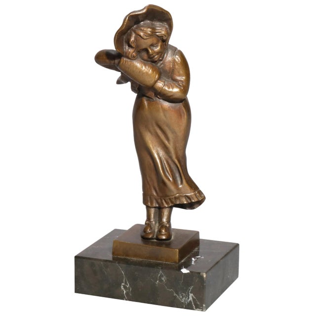 Bronze Antique 1910 Figural Bronze Portrait Sculpture of Young Girl For Sale - Image 8 of 8