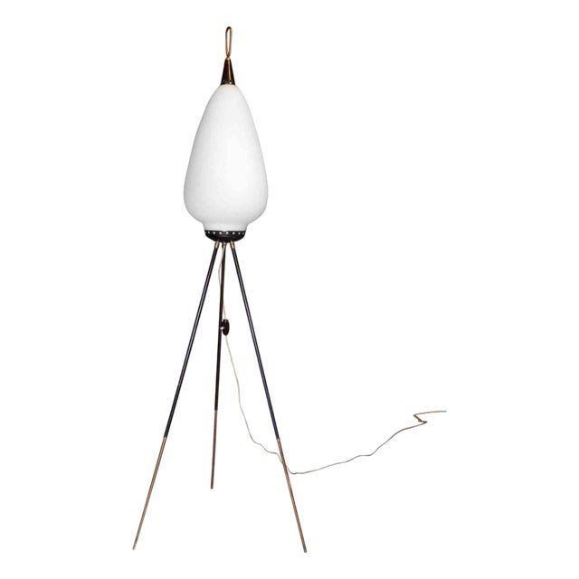Vintage Tripod Floor Lamp in Opaline Glass and Metal from Stilnovo, Italy, 1950s For Sale