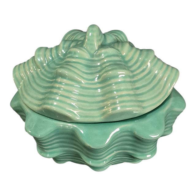 Late 20th Century Ceramic Celadon Color Coastal Seashell Shaped Covered, Candy, Trinket Box For Sale - Image 6 of 6