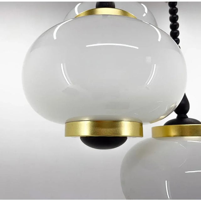 Mid-Century Wood, Milk Glass & Brass Cascade Chandelier, Poland, 1970s For Sale - Image 11 of 13