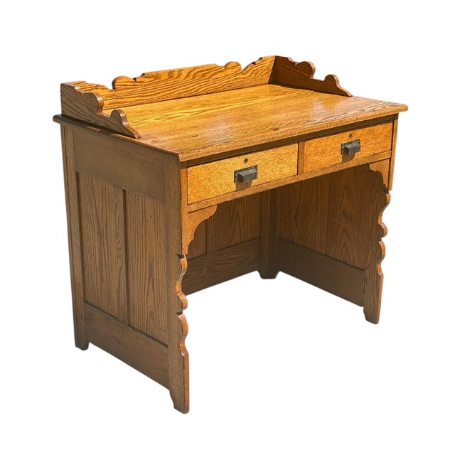 Victorian Antique Victorian Tiger Oak Raised Panel Two Drawer Desk With Scrolled Gallery For Sale - Image 3 of 10