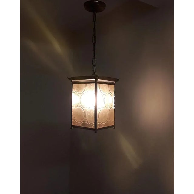 1960s Small Lantern Shaped Ceiling Lamp with Brass Mount and Yellow Patterned Glass Shade, 1960s For Sale - Image 5 of 7