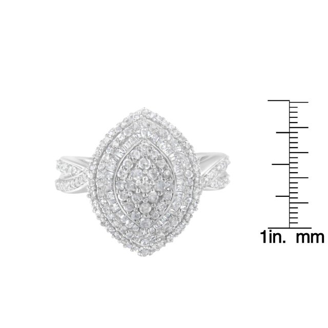 Metal .925 Sterling Silver 1.0 Cttw Round & Baguette-Cut Diamond Marquise-Shaped Cluster Triple Stepped Halo Cocktail Fashion Ring - Size 6-1/2 For Sale - Image 7 of 7