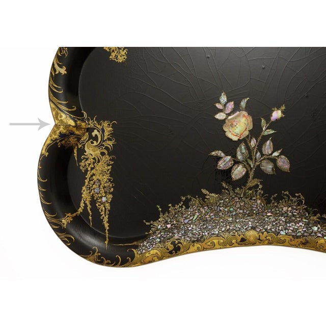 Antique English Large Papier Mache Tray Mother of Pearl Wisteria Parlor Maid Tray For Sale - Image 4 of 7