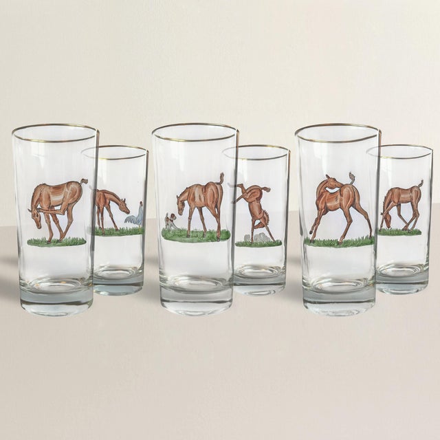 This set of six highball glasses, hand-painted by Frank Vosmansky in the 1950s, is a delightful tribute to the untamed...