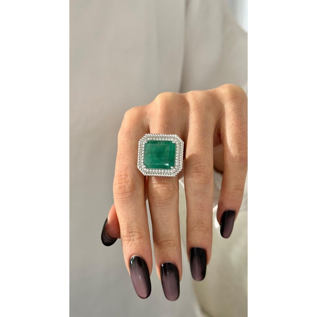 Metal Natural Emerald Diamond Ring Size 6.25 14k W Gold 13.14 TCW Certified For Sale - Image 7 of 18