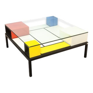 Custom Made Piet Mondrian Style Postmodern Square Glass and Wood Coffee Table For Sale