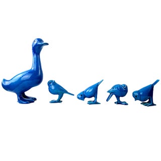 Mid-Century Duck & Sparrows in Blue Ceramic by Georges Cassin, Set of 5 For Sale