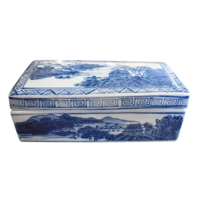 Chinoiserie Blue and White Divided Ceramic Decorative Box With Lid