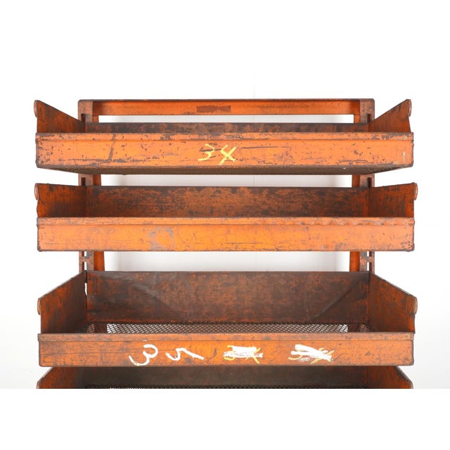 Industrial Mid 20th Century Industrial Six Tray Orange Steel Rolling Cart For Sale - Image 3 of 8