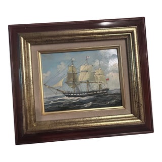 Vintage Signed Maritime Oil Painting of Sailing Ship in Ornate Gilt Frame, 11.5” X 9.5” For Sale