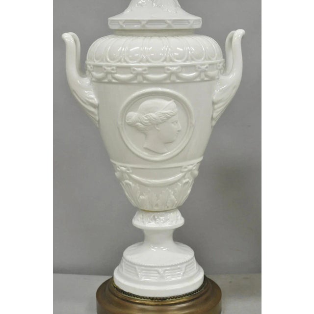 Early 20th Century Antique Italian Neoclassical Greco Roman White Porcelain Urn Table Lamps - a Pair For Sale - Image 5 of 12