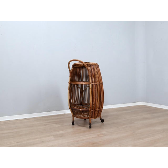 Mid-Century Modern Vintage Italian Rattan Barrel Bar Cart, 1960s For Sale - Image 3 of 12