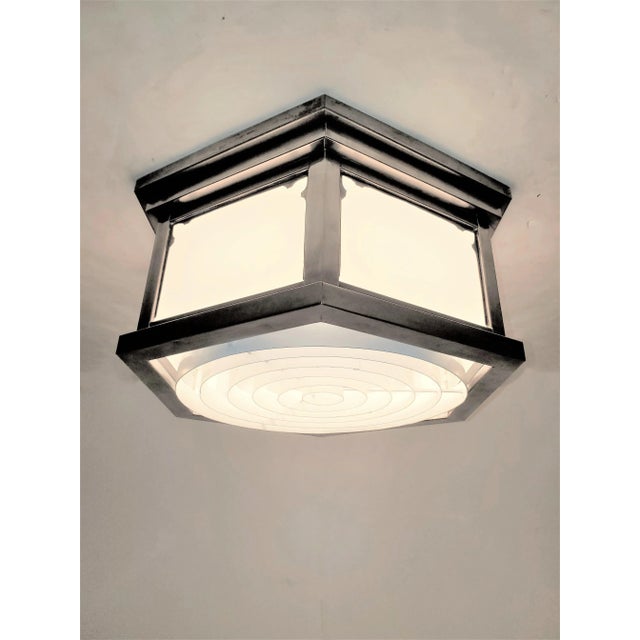 Contemporary Mid-Century Industrial Flush Mount in Nickeled Brass With White Glass For Sale - Image 3 of 13