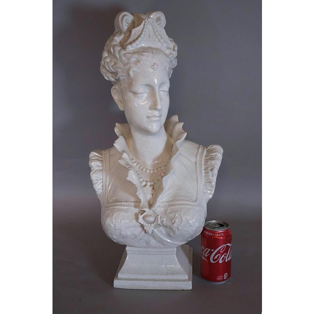 Hollywood Regency Large Italian White Crackle Glaze Porcelain Lady Bust Sculpture, 1970s , 23 Inches Tall For Sale - Image 3 of 10