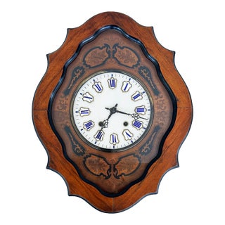 Late 19th Century French Napoleon III Wall Clock, Enamel Face and Wood Marquetry For Sale